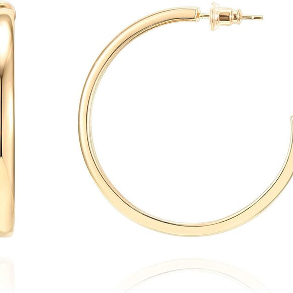 14K Gold Plated Hoop Earrings Women Wide Flat Edge Hypoallergenic Jewelry - Picture 1 of 5